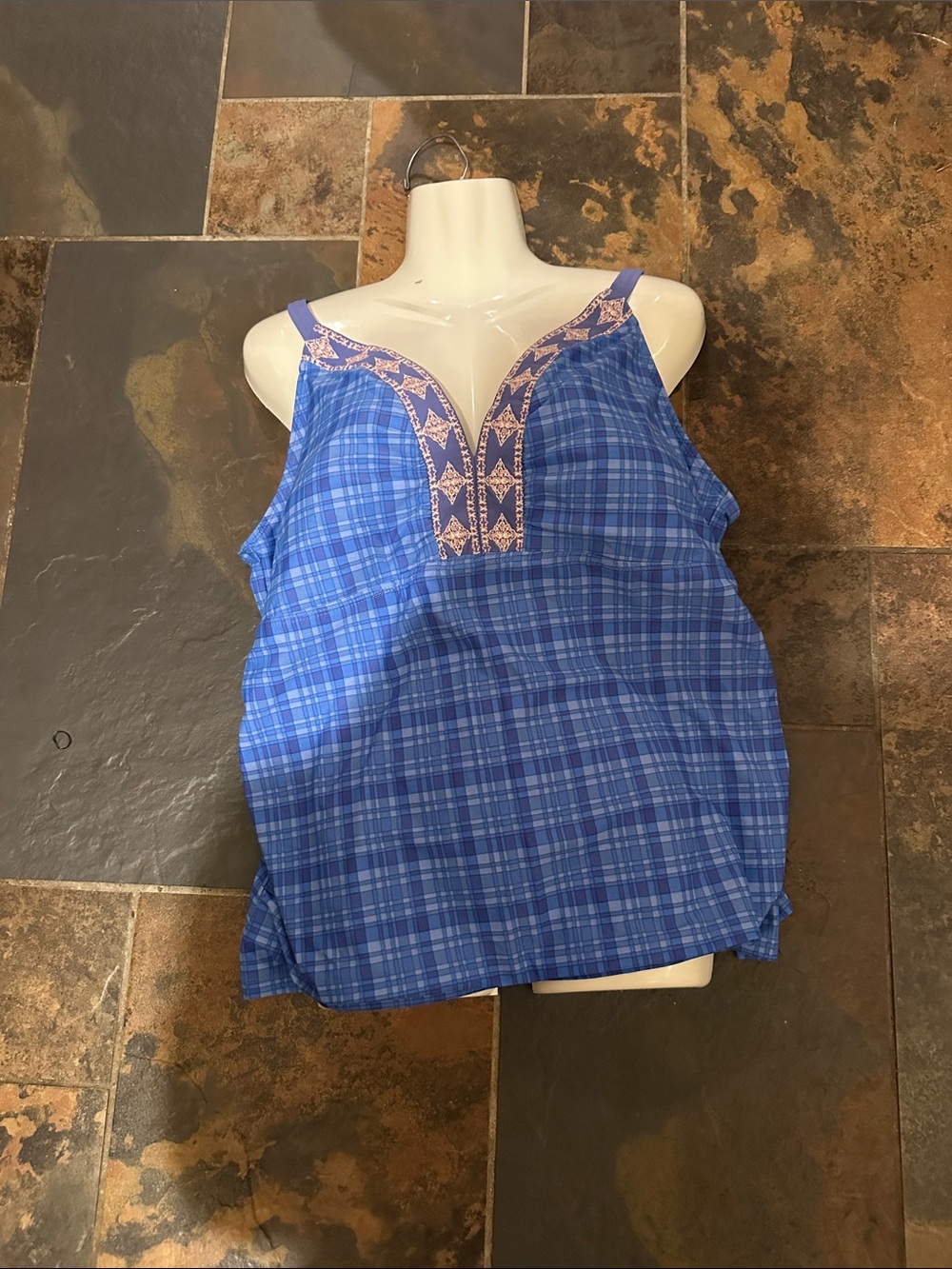 Talbots Blue Plaid V-Neck Camisole with Pink Embroidery